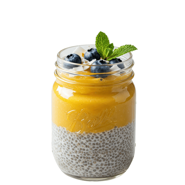 PUDIM DE CHIA COM MANGA, MIRTILOS E COCO EM POTE DE VIDRO 2