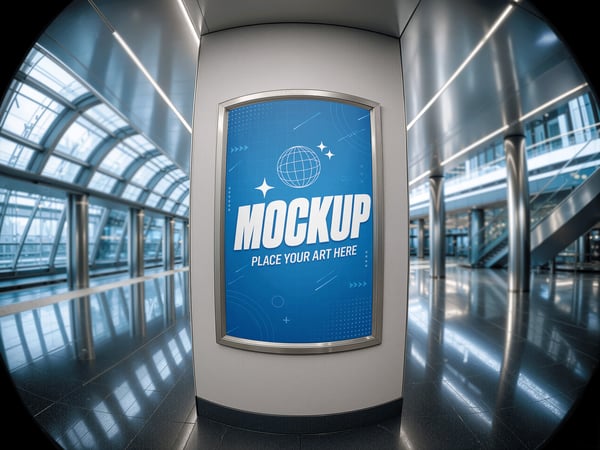 Poster curvo mockup no corredor envidraçado lente angular