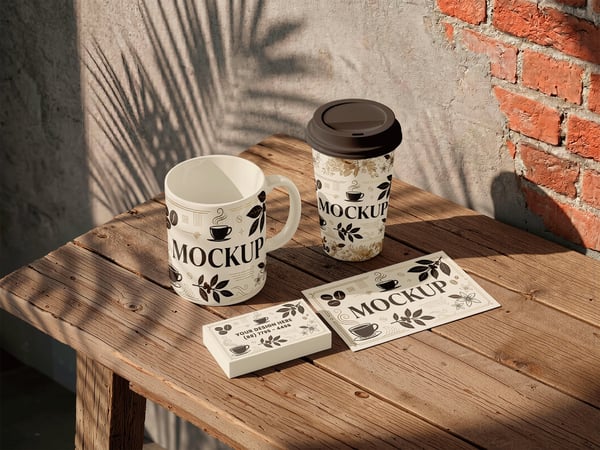 CANeca E COPO PARA VIAGEM MOCKUP SOBRE MESA CARTÕES AO LADO