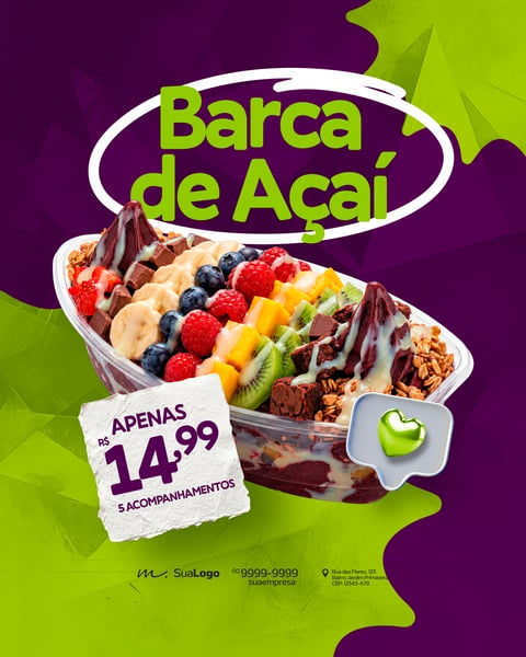 BARCA DE AÇAÍ COMPLETA COM FRUTAS E ACOMPANHAMENTOS POST PARA REDES SOCIAIS PSD EDITÁVEL
