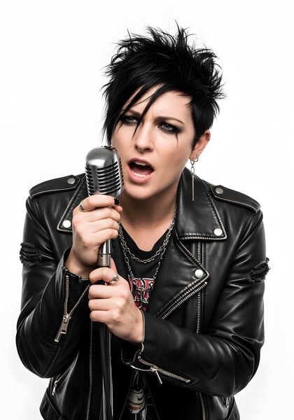 CANTORA DE ROCK PESADO COM JAQUETA DE COURO E MICROFONE 02