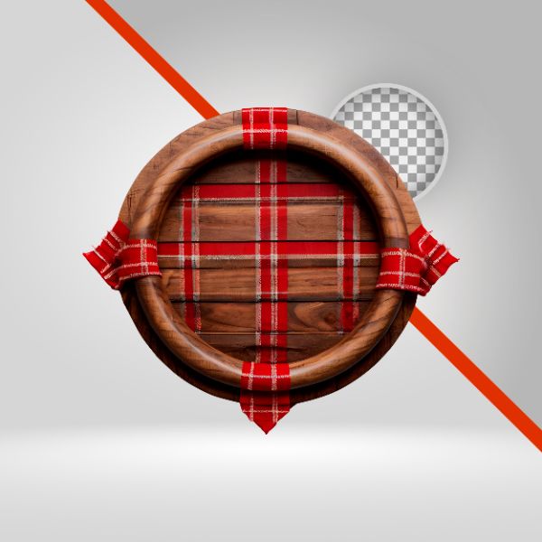 CÍRCULO DE MADEIRA  3D COM PANO XADREZ, ELIPSE PARA TEXTO, ELEMENTO PNG SÃO JOÃO, FESTA JUNINA, ARRAIÁ, TÁBUA, FUNDO