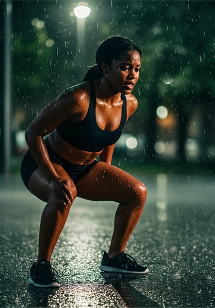 Mulher negra jovem, com roupas fitness, respirando fundo após esforço físico intenso.