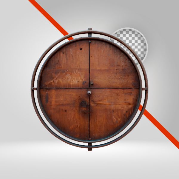 CÍRCULO DE MADEIRA 3D, ELIPSE PARA TEXTO, PLACA DE MADEIRA, ARO DE METAL, ESCUDO MEDIEVAL, ELEMENTO PNG, FUNDO