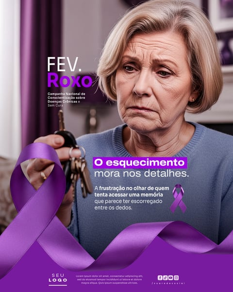 FEVEREIRO ROXO CAMPANHA DE CONSCIENTIZAÇÃO SOBRE DOENÇAS CRÔNICAS COMO ALZHEIMER FIBROMIALGIA E LÚPUS SOCIAL MEDIA PSD EDITÁVEL 4
