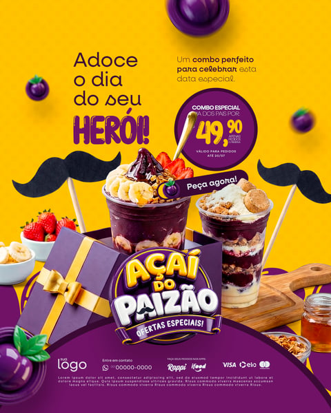 ADOCE O DIA DO SEU HERÓI COMBO PERFEITO AÇAITERIA AÇAÍ DIA DOS PAIS SOCIAL MEDIA PSD EDITÁVEL