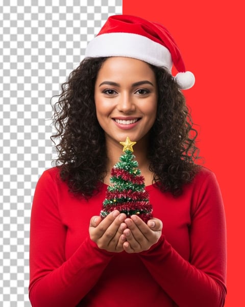 IMAGEM PARA COMPOSIÇÃO MULHER COM GORRO DE NATAL SEGURANDO ÁRVORE DE NATAL NAS MÃOS PNG TRANSPARENTE 3