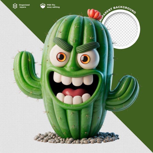 3D CARTOON ANGRY CACTUS CHARACTER WITH SHARP TEETH AND RED FLOWER TOP FUN