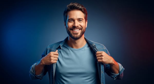 RETRATO DE HOMEM JOVEM CONFIANTE E FELIZ SORRINDO COM JAQUETA JEANS