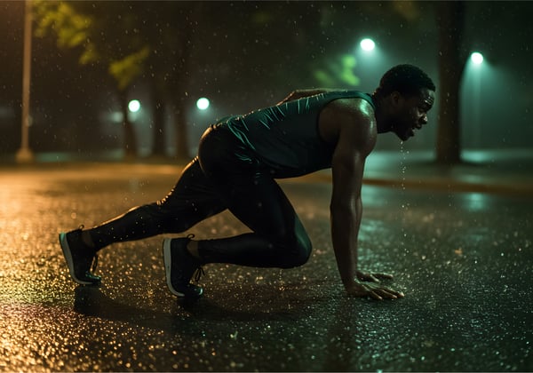 Mulher negra jovem, com roupas fitness, respirando fundo após esforço físico intenso.
