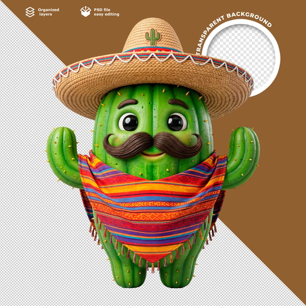 CUTE 3D MEXICAN CACTUS CHARACTER WITH SOMBRERO AND COLORFUL SERAPE FUN