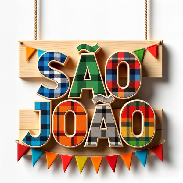 Selo 3D escrito São João com bandeirinhas para festa junina 1