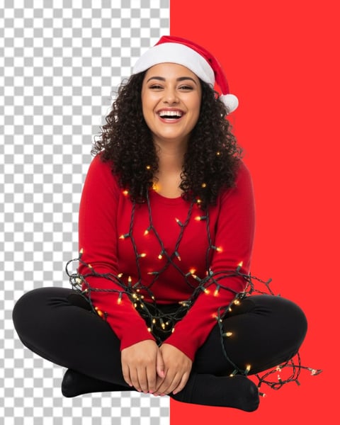 IMAGEM PARA COMPOSIÇÃO MULHER COM GORRO DE NATAL SENTADA NO CHÃO ENVOLVIDA POR LUZES E FIOS PNG TRANSPARENTE