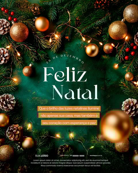 Fundo De Natal Festivo: Bolas Douradas, Pinhas E Luzes Brilhantes Social Media PSD Editável