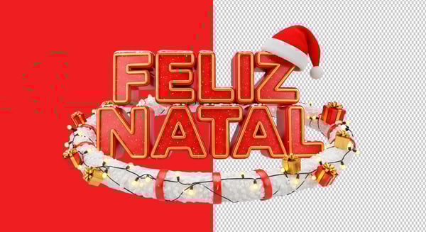 SELO 3D FELIZ NATAL COM GORRO DE NATAL E GUIRLANDA E LUZES PNG TRANSPARENTE