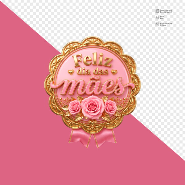 SELO 3D PREMIUM FELIZ DIA DAS MÃES COM ROSAS LAÇO E DETALHES DOURADOS 2
