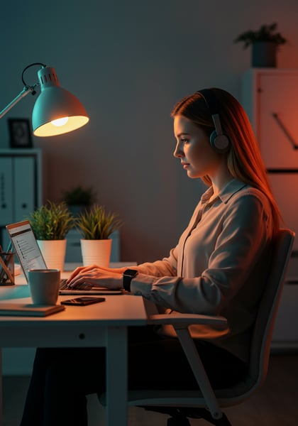 MULHER JOVEM FOCADA TRABALHANDO NO LAPTOP COM FONES DE OUVIDO NOITE NO HOME OFFICE