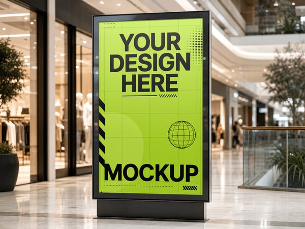 TOTEM DIGITAL MOCKUP EM SHOPPING CORREDOR AO FUNDO