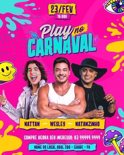 FLYER EVENTO PSD EDITÁVEL FEED PLAY NO CARNAVAL