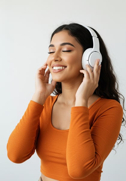 MULHER JOVEM FELIZ OUVINDO MÚSICA EM FONES DE OUVIDO BRANCOS RELAXANDO COM OS OLHOS FECHADOS DESFRUTANDO DE SOM E BEM ESTAR