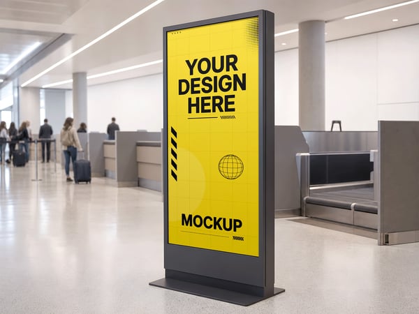 TOTEM PUBLICITÁRIO MOCKUP NO DESPACHO DE BAGAGENS VISTA FRONTAL