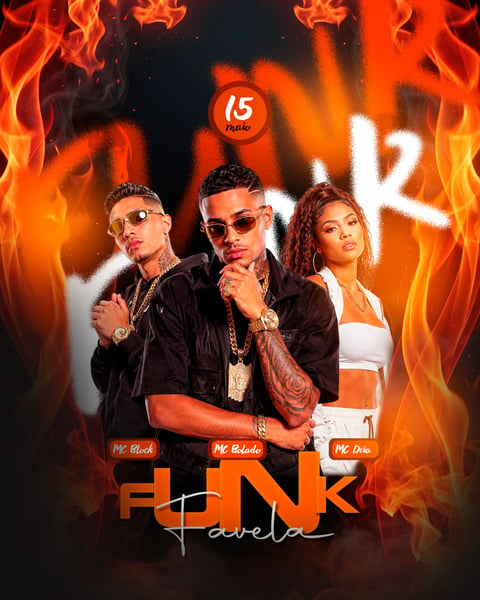 FLYER DE FUNK FAVELA COM EFEITOS DE FOGO E FUNDO URBANO NEON