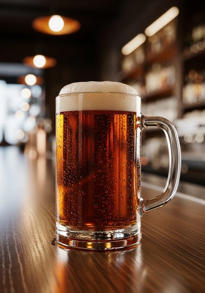 Caneca de cerveja âmbar em bar com balcão de madeira