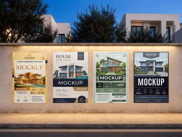 Quatro POSTERS MOCKUP EM MURO RESIDENCIAL VISTA FRONTAL