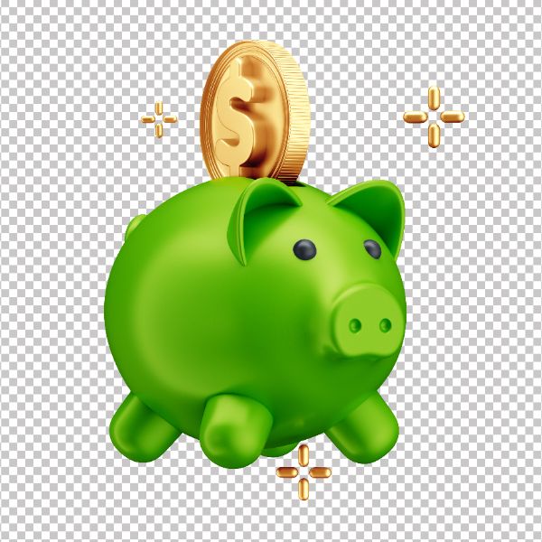 ASSET 3D - COFRE PORQUINHO VERDE COM MOEDA DOURADA COM FUNDO TRANSPARENTE