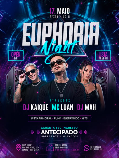Euphoria Night 17 de Maio Flyer de Festa Balada Eletrônica PSD Editável