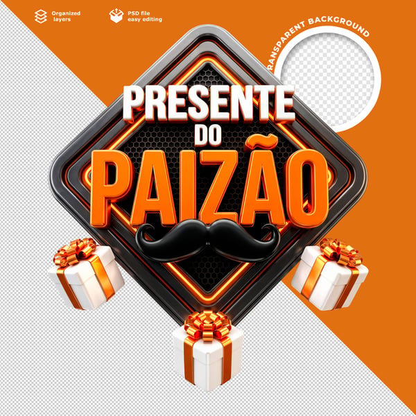 BADGE 3D PRESENTE DO PAIZÃO DOURADO LUXUOSO COM PRESENTES E BIGODE