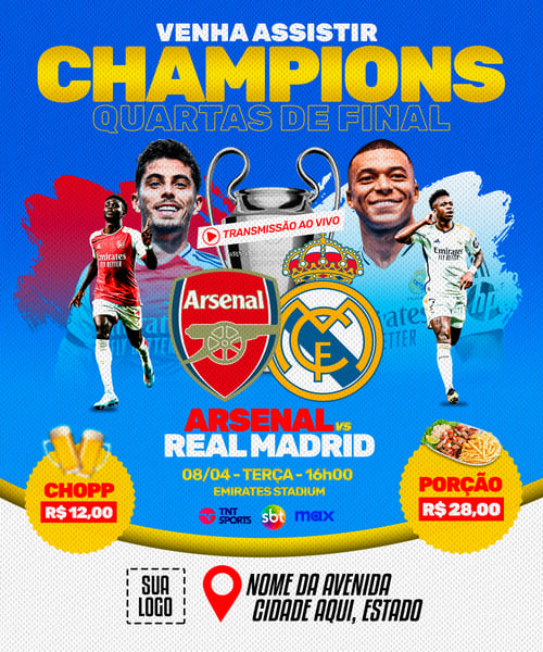 FLYER ESPORTIVO FUTEBOL CHAMPIONS ARSENAL vs REAL MADRID