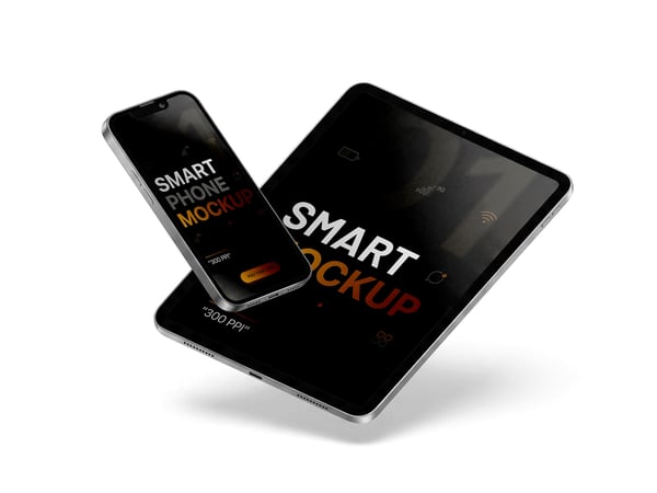 TABLET MOCKUP SOBRE SUPERFÍCIE DE ESTÚDIO SMARTPHONE AO LADO