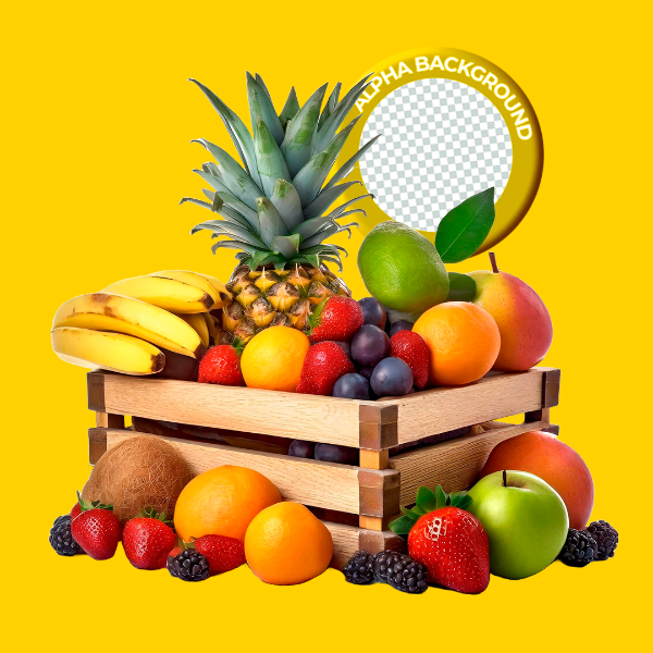 ELEMENTO CAIXOTE COM FRUTAS PARA COMPOSIÇÃO PNG TRANSPARENTE SEM FUNDO