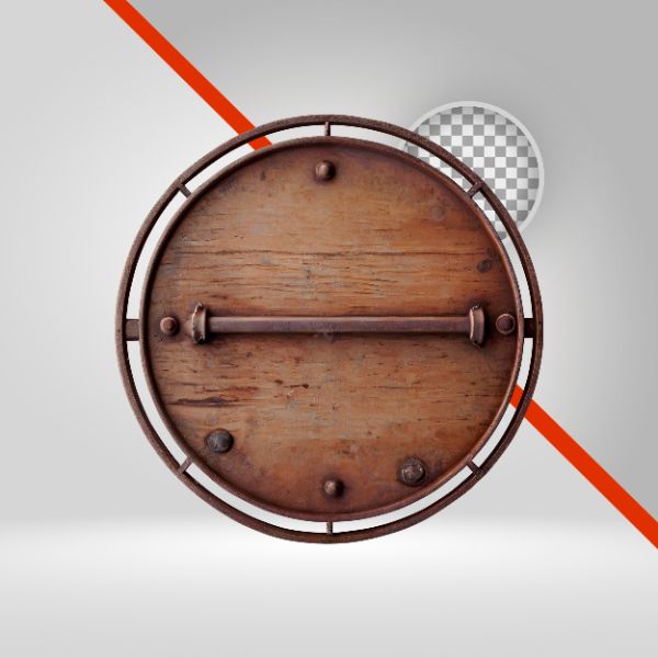 CÍRCULO DE MADEIRA 3D, ELIPSE PARA TEXTO, PLACA DE MADEIRA, ARO DE METAL, ESCUDO MEDIEVAL, ELEMENTO PNG, FUNDO, 3D-IA