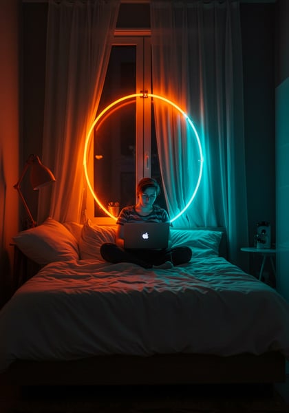 JOVEM TRABALHANDO NO LAPTOP NA CAMA LUZES NEON LARANJA E AZUL CONCEITO DE TRABALHO REMOTO E TECNOLOGIA EM QUARTO MODERNO