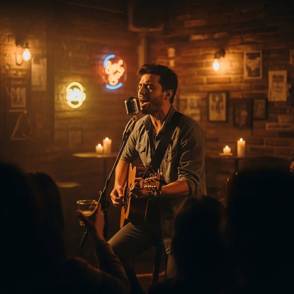 Cantor ao vivo se apresentando em bar com iluminação aconchegante