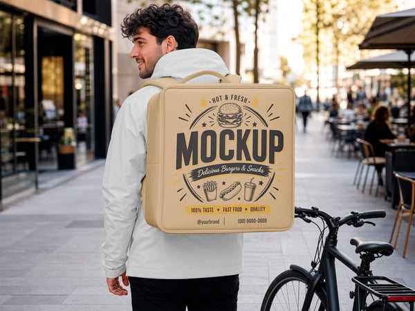 MOCHILA DE ENTREGA MOCKUP NA RUA PESSOA DE COSTAS