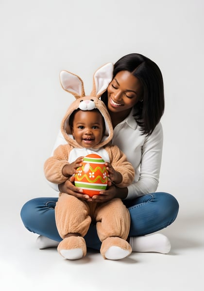 CRIANÇA NEGRA NO COLO DA MÃE NEGRA COM UMA FANTASIA DE COELHINHO DA PÁSCOA SENTADA SEGURANDO UM OVO DA PÁSCOA 04