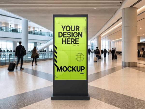 TOTEM PUBLICITÁRIO MOCKUP NO TERMINAL DO AEROPORTO ÁREA DE CIRCULAÇÃO