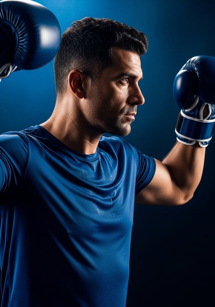 ATLETA MASCULINO DE BOXE FOCADO EM TREINO INTENSO COM LUVAS AZUIS E EXPRESSO DE DETERMINAÇÃO