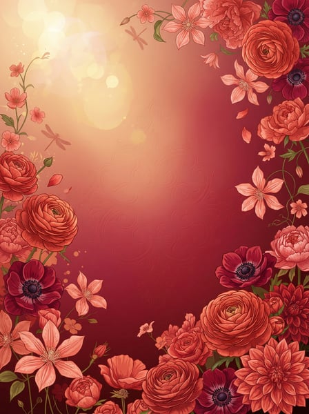 ILUSTRAÇÃO FLORAL ORNAMENTAL EM TONALIDADES DE VERMELHO E CARMESIM COM DETALHES DE LIBÉLULAS