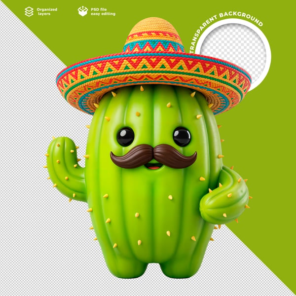 3D CUTE GREEN CACTUS CHARACTER WITH SOMBRERO AND MUSTACHE FUN