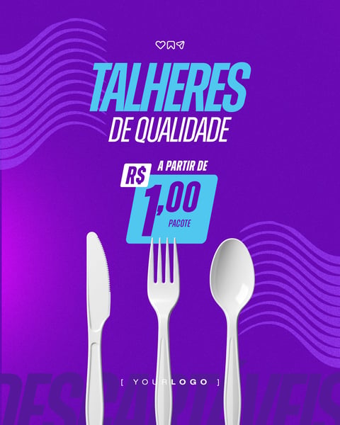 TALHERES PLÁSTICOS DESCARTÁVEIS GARFO FACA E COLHER PSD EDITÁVEL