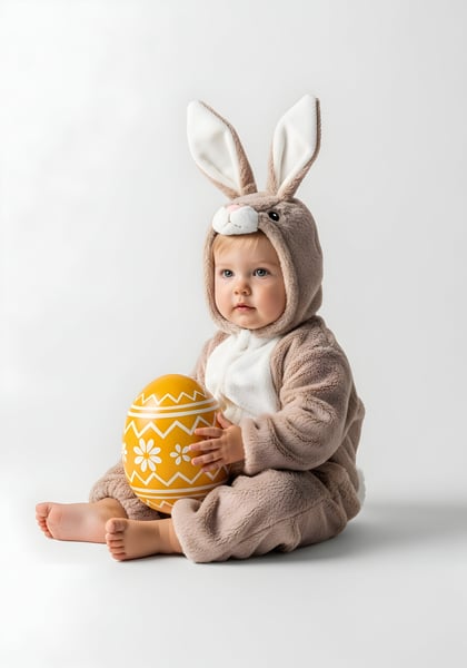 CRIANÇA COM FANTASIA DE COELHINHO DA PÁSCOA SENTADA SEGURANDO UM OVO DA PÁSCOA 03