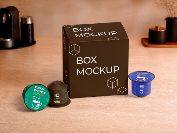 CAIXA DE CÁPSULAS DE CAFÉ MOCKUP SOBRE BANCADA CÁPSULAS AO LADO