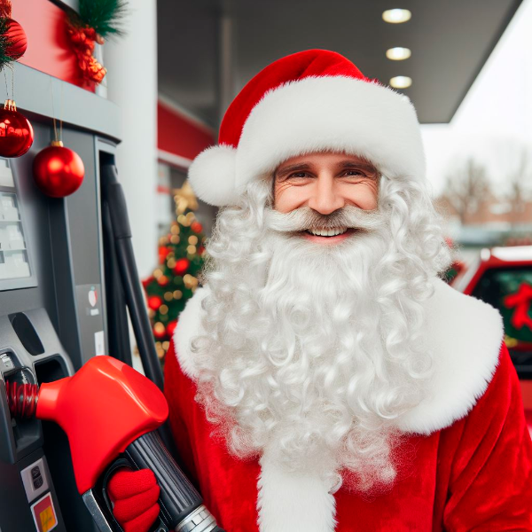 PAPAI NOEL EM POSTO DE GASOLINA AO LADO DE BOMBA DE COMBUSTÍVEL