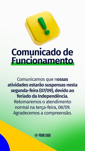 AVISO DE FUNCIONAMENTO 7 DE SETEMBRO SOCIAL MEDIA FLYER PSD EDITÁVEL STORY
