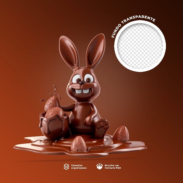 COELHO DE CHOCOLATE  SEGURANDO UM OVO DE PÁSCOA 3D