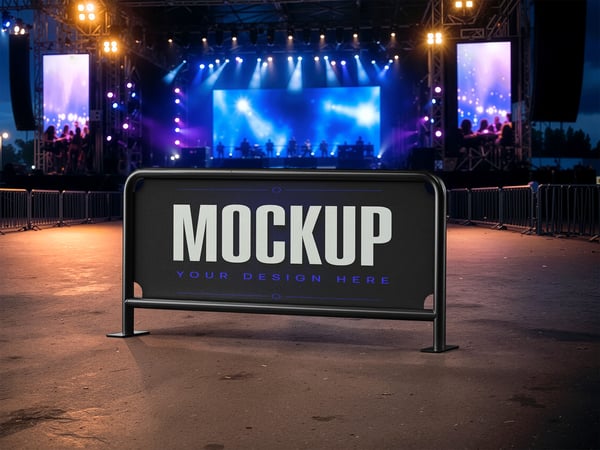 BARRA COM BANNER MOCKUP EM EVENTO VISTA FRONTAL